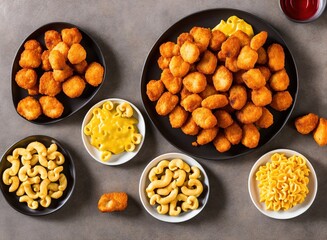 fried chicken nuggets with mac and cheese, cheese and tomato sauce.