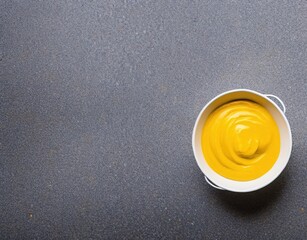 mustard sauce in a bowl on a black background. top view.