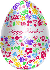 Realistic white easter egg with a pattern of flowers, leaves and butterflies