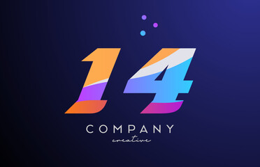 colored number 14 logo icon with dots. Yellow blue pink template design for a company and busines