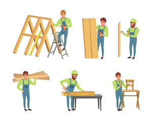 Male carpenters in overalls working in workshop. Woodworking carpentry service cartoon vector illustration