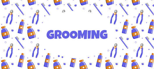 pattern for a grooming salon with an inscription in the center Grooming. Blue colors. Vector illustration