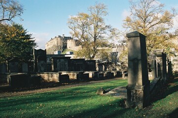 Edinburgh Castle from the graveyard of Greyfriars Church, Old Town.