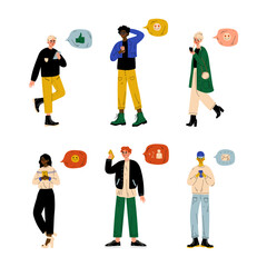 Young people chatting on their smartphones with speech bubbles. Guys and girls sending messages to each other cartoon vector illustration