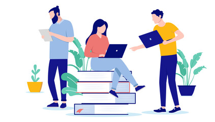 Work self development - Team of people studying doing research and gaining information on computers. Flat design vector illustration with white background