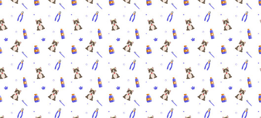Obraz premium Seamless pattern with tools and supplies. Colorful background for grooming salon and pet shop, t-shirt, apparel print, web page, surface texture and fabrics. Paw, bone, scissors, bowl, nose, dog. 