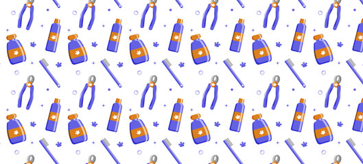Seamless pattern with tools and supplies. Colorful background for grooming salon and pet shop, t-shirt, apparel print, web page, surface texture and fabrics. Paw, bone, scissors, bowl, nose, dog. 