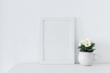 Spring, Easter interior still life composition. Blank picture frame mockup on white table. White, yellow potted primroses in coffee cup flower pot. White wall background. Minimal Scandinavian interior