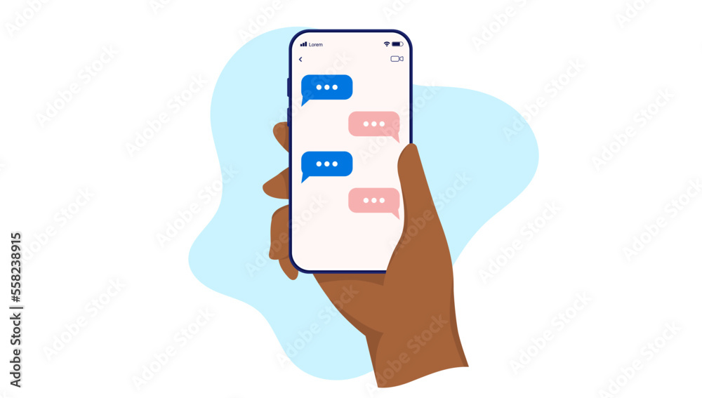 Poster Text messages - Hand with dark skin holding mobile phone in hand and texting. Flat design simple vector illustration with white background