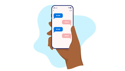 Text messages - Hand with dark skin holding mobile phone in hand and texting. Flat design simple vector illustration with white background