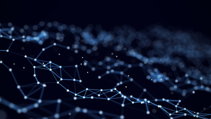 Digital network technology wave with lines and dots. The futuristic abstract structure. Big data visualization. 3D rendering.