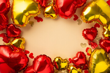 Saint Valentine's Day concept. Top view photo of heart shaped red golden balloons and confetti on isolated light beige background with blank space in the middle