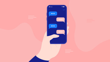 Phone texting - Person sending text messages on smartphone holding phone in hand. Flat lay, and flat design vector illustration