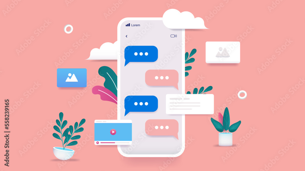 Poster Phone communication - Smartphone with text messages, video and images sending back and forth. Flat design vector illustration