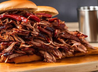 delicious shredded pulled pork beef with french fries and vegetables