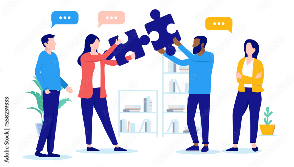 Leinwandbilder team solving problem - people in office with jigsaw puzzle pieces connecting and finding solutions f