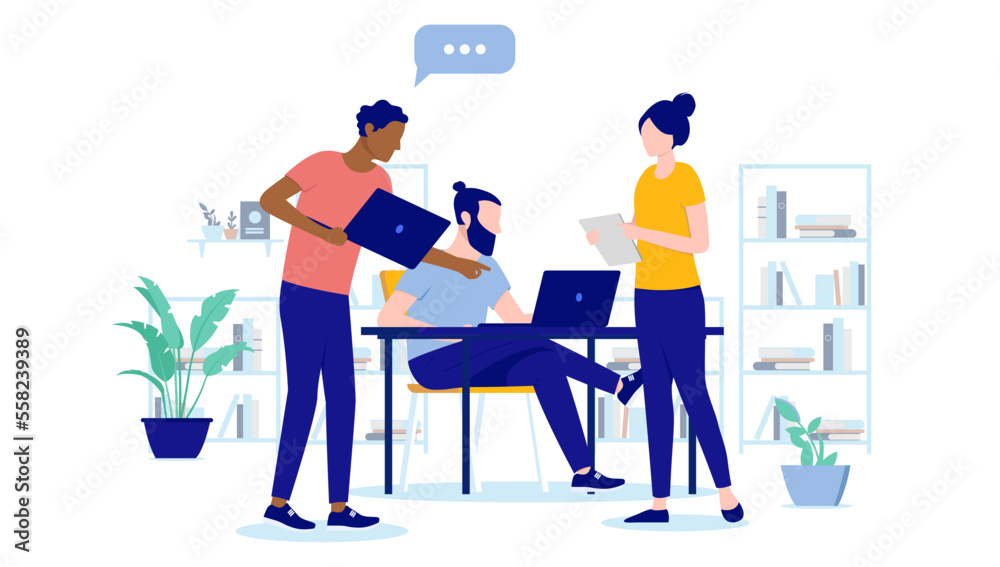 Aufkleber people working in office talking and having discussion about work. flat design vector illustration w