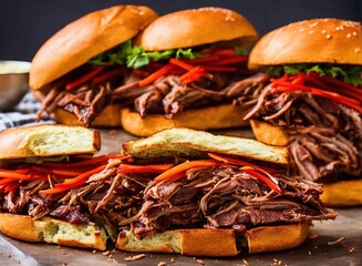delicious shredded pulled pork beef with french fries and vegetables
