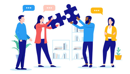 Team solving problem - People in office with jigsaw puzzle pieces connecting and finding solutions for company and business. Flat design vector illustration with white background - obrazy, fototapety, plakaty