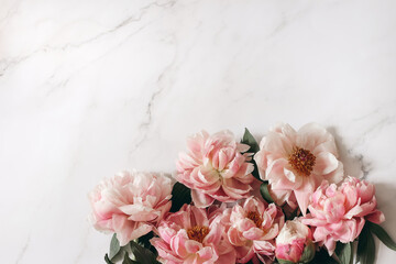 Spring feminine floral web banner, composition. Coral pink peonies flowers on white marble table...