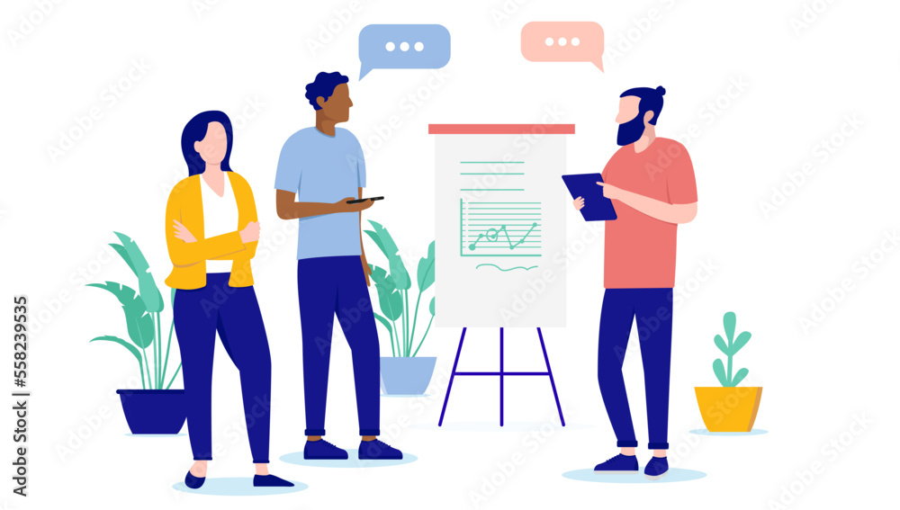 Poster Woking and talking - People in office. having conversation and discussion about work and business with speech bubbles over head. Flat design vector illustration with white background
