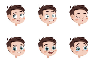 Set of different boy emotions in cartoon style. Vector illustration of different boy facial expressions: thoughtful, angry, sleepy, happy, smiling, crying, isolated on white background.