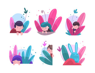 Cute kids and rabbit peeking out from bushes set. Lovely kids hiding in dense grass cartoon vector illustration