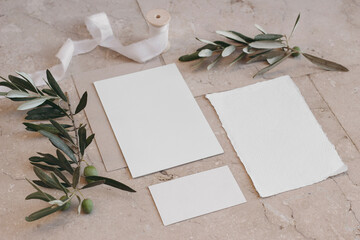Mediterranean summer wedding stationery set. Mock-up scene with blank paper greeting cards,...