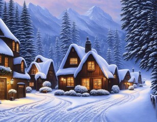 beautiful winter landscape with snow covered houses and trees
