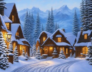 beautiful winter landscape with snow covered houses and trees