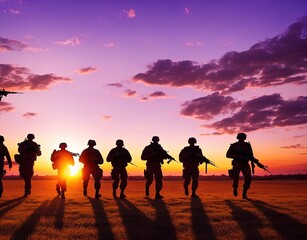 silhouette of a soldier with a gun on the background of the sunset