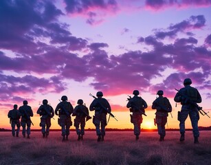 silhouette of a soldier with a gun on the background of the sunset