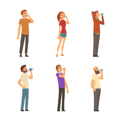 Fototapeta premium Men and women drinking water from plastic bottles and glasses set cartoon vector illustration