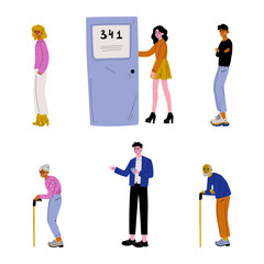 Set of different people. Neighbors that live in apartments cartoon vector illustration