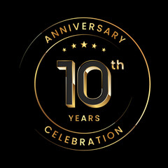 10th Anniversary. Anniversary logo design with gold color ring and text for anniversary celebration events. Logo Vector Template