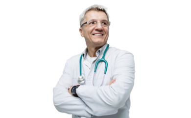 Doctor with glasses adult male smiling gray hair adult with phonendoscope. isolated transparent background.
