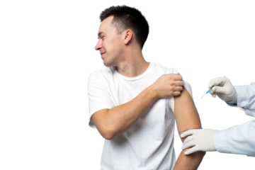 A young guy gives an injection to a patient, isolated transparent background.