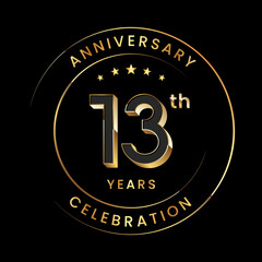 13th Anniversary. Anniversary logo design with gold color ring and text for anniversary celebration events. Logo Vector Template