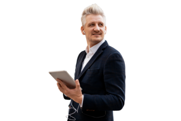 The manager is a man smiling in a business suit using a tablet, an isolated transparent background.