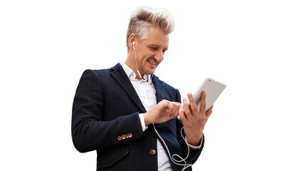 Manager male gray hair fashionable hairstyle smiling in a business suit using a tablet, isolated transparent background.