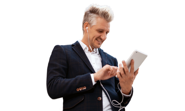 Manager male gray hair fashionable hairstyle smiling in a business suit using a tablet, isolated transparent background.