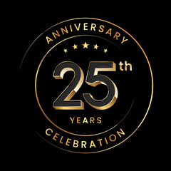 25th Anniversary. Anniversary logo design with gold color ring and text for anniversary celebration events. Logo Vector Template