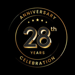 28th Anniversary. Anniversary logo design with gold color ring and text for anniversary celebration events. Logo Vector Template