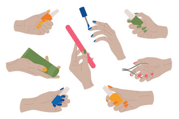 Set of hands with manicure tools and nail polish