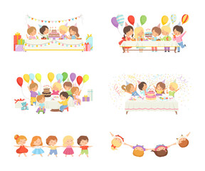 Cute happy kids celebrating holiday together. Cute boys and girls having birthday party. Children sitting at table decorated with balloons, party flags and birthday cake cartoon