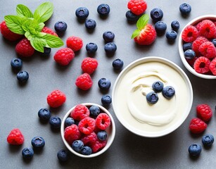 yogurt with fresh blueberries and mint on a blue background. top view.