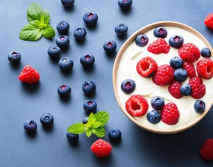 yogurt with fresh blueberries and mint on a blue background. top view.