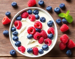 yogurt with fresh blueberries and mint on a blue background. top view.