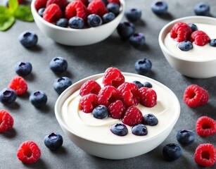 yogurt with fresh blueberries and mint on a blue background. top view.