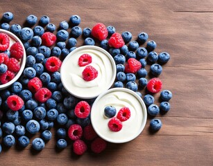yogurt with fresh blueberries and mint on a blue background. top view.